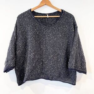 Free People Navy Blue Tweed Boucle Pullover Sweater Boxy Large Textured